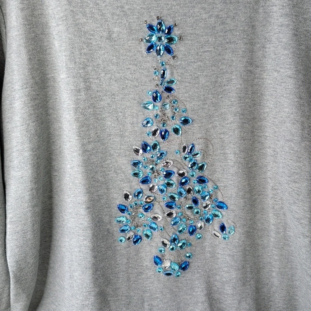 Quacker Factory Top Women 1X Grey Rhinestone Christmas Tree Long Sleeve Festive